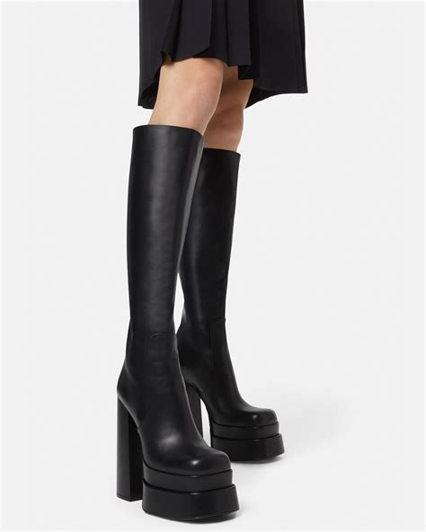 leather platform knee-high boots versace height|Leather platform knee.